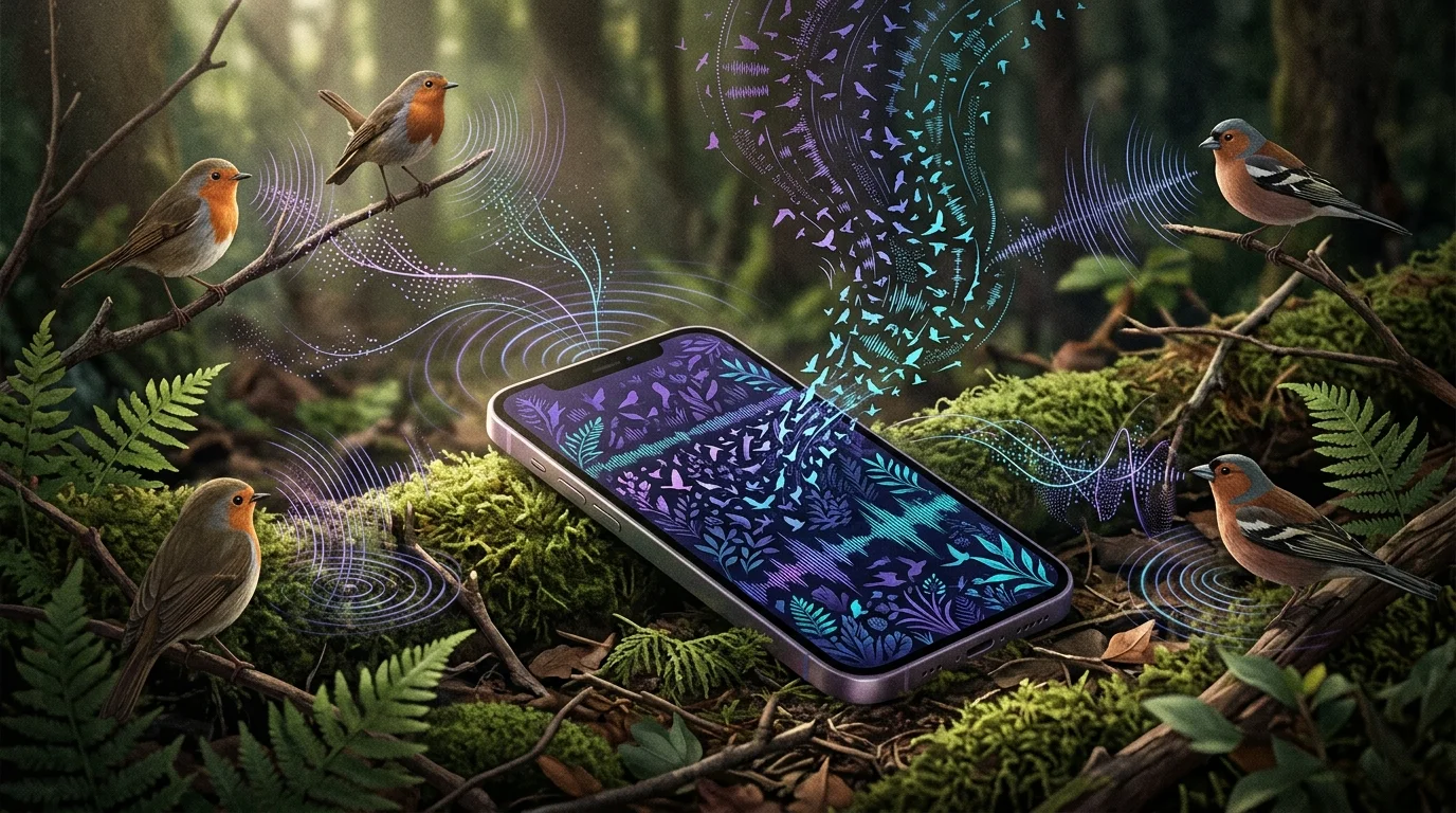 KI-generierte Illustration: BirdNET Live bringt die Erkennung von Tierstimmen offline aufs Smartphone