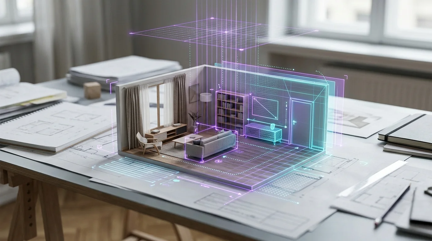 KI-generierte Illustration: Scene-Designer verbindet 3D-Raumentwurf mit automatisierter Qualitätskritik